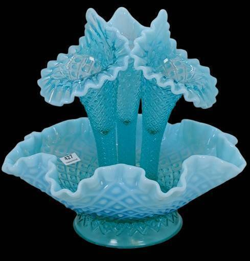 Fenton Teal Opalescent Diamond Lace Epergne