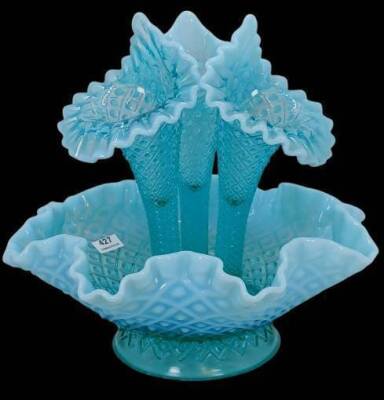 Fenton Teal Opalescent Diamond Lace Epergne