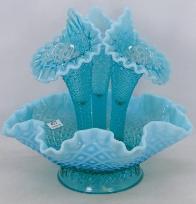 Fenton Teal Opalescent Diamond Lace Epergne - 2