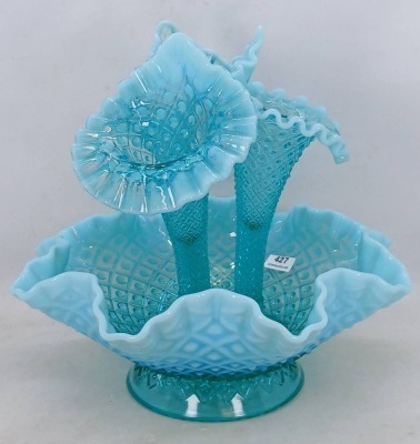 Fenton Teal Opalescent Diamond Lace Epergne - 3