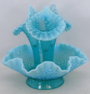 Fenton Teal Opalescent Diamond Lace Epergne - 4
