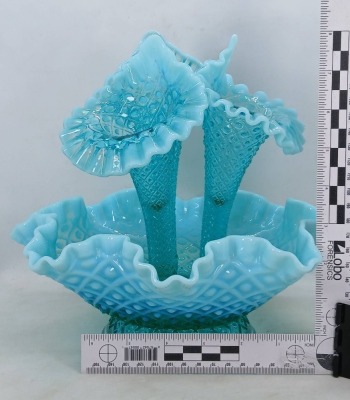Fenton Teal Opalescent Diamond Lace Epergne - 14
