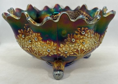 Fenton Carnival Glass Orange Tree Fruit Bowl, Cobalt - 4