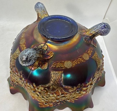 Fenton Carnival Glass Orange Tree Fruit Bowl, Cobalt - 7