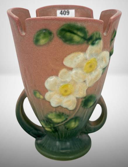 Roseville White Rose 980-6" Vase, Pink/green
