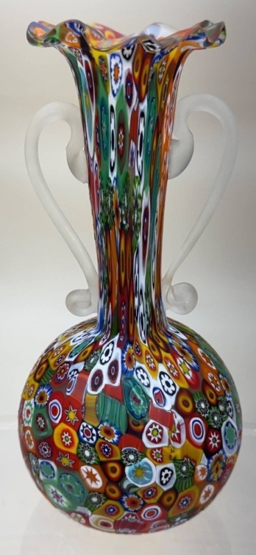 Murano Millefiori Vase with Handles, 7.5" Tall