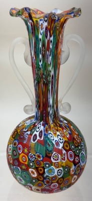 Murano Millefiori Vase with Handles, 7.5" Tall