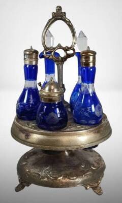 Silverplate Cruet Set with Cobalt Blue Glass