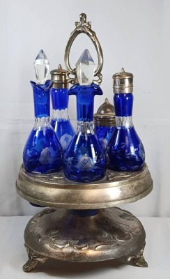 Silverplate Cruet Set with Cobalt Blue Glass - 4