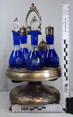Silverplate Cruet Set with Cobalt Blue Glass - 17