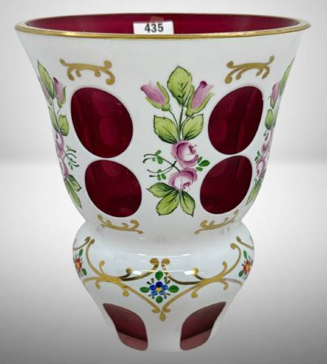 Bohemian White Overlay Cut-to-Red Glass Vase