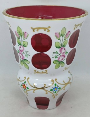 Bohemian White Overlay Cut-to-Red Glass Vase - 3