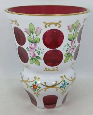 Bohemian White Overlay Cut-to-Red Glass Vase - 4