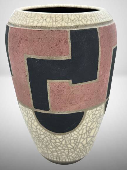 Signed Raku Art Pottery Vase with Geometric Design