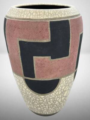 Signed Raku Art Pottery Vase with Geometric Design