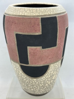 Signed Raku Art Pottery Vase with Geometric Design - 2