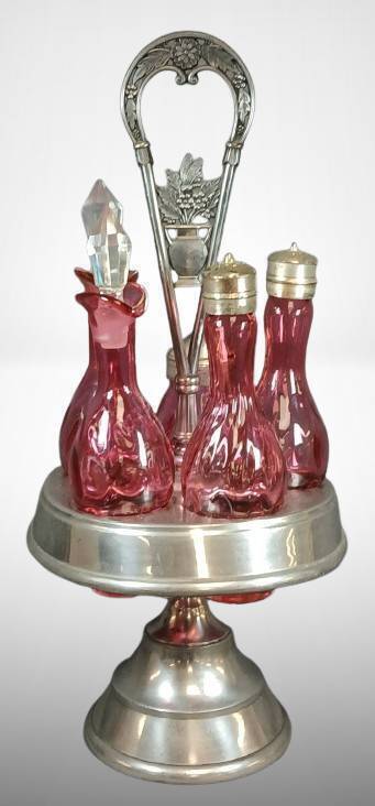 Quadruple Plate Condiment Set with Cranberry Glass