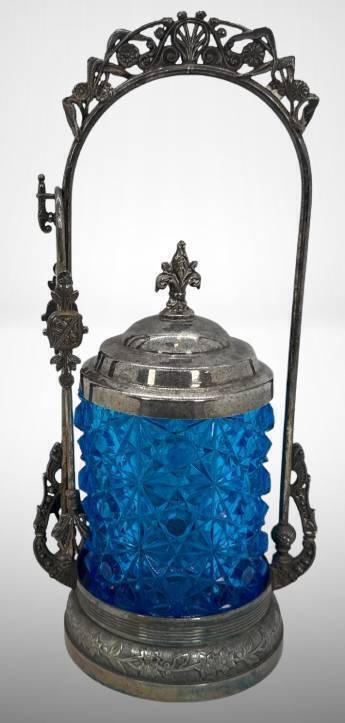 Ornate Silverplate Pickle Castor with Blue Glass Insert