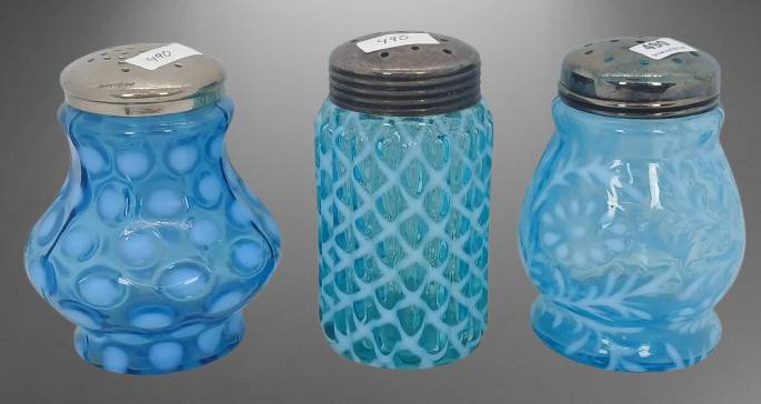 (3) Blue Opalescent Glass Sugar Shakers