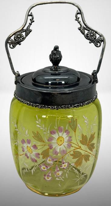 Yellow Glass Biscuit Jar with Floral Design