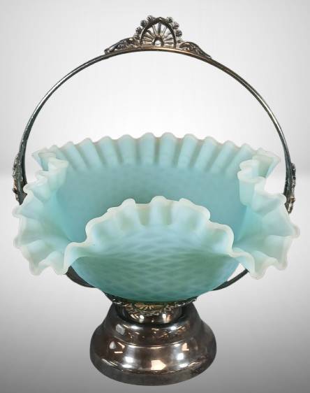 Silver-Plated Bride's Basket with Blue Opalescent Glass Bowl Insert