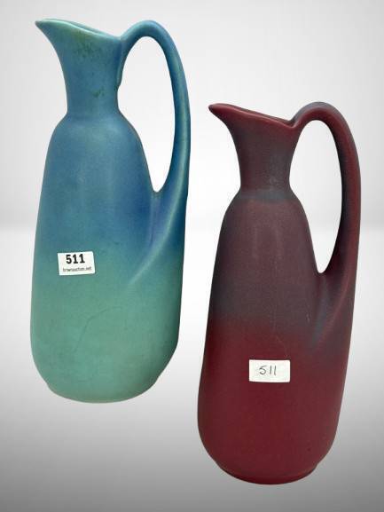 Van Briggle Pottery Ewers in Blue and Red