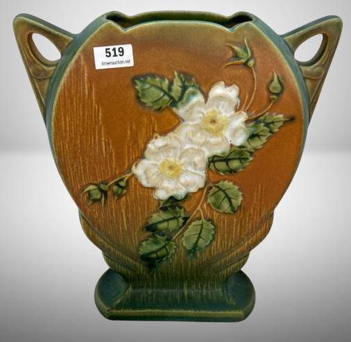 Roseville White Rose 984-8" Vase, brown/green