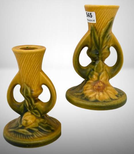 Roseville Peony 1152-4.5" Candlesticks. Yellow