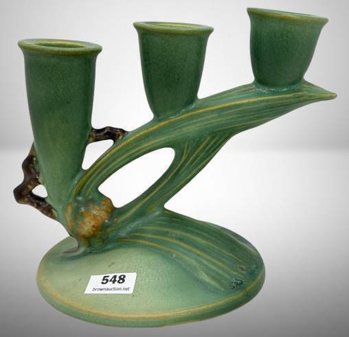 Roseville Pine Cone 1106-5.5" Triple Candle Holder, Green