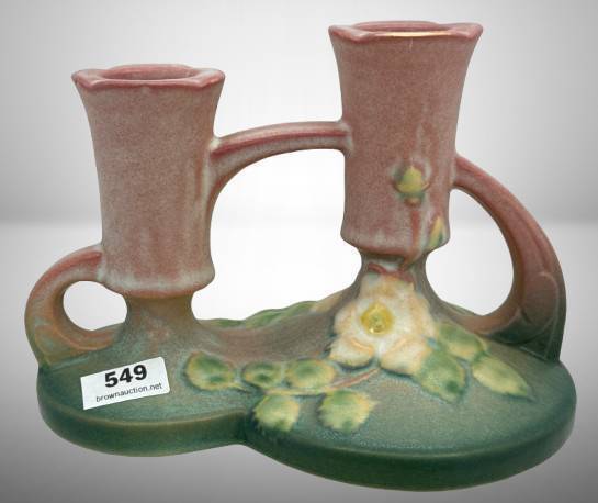 Roseville White Rose 1143 Double Candle Holder, Pink/green