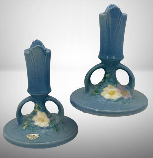 Roseville Cosmos 1137-4.5" Candle Sticks, Blue