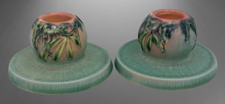 Roseville Moss 1109-2" Candle Holders, Pink/green