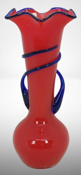 Mrkd. Czechoslovakia 7.5" Red and Cobalt Vase