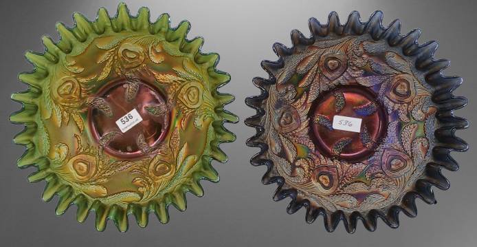 (2) Fenton Carnival Glass Heart and Vine Bowls