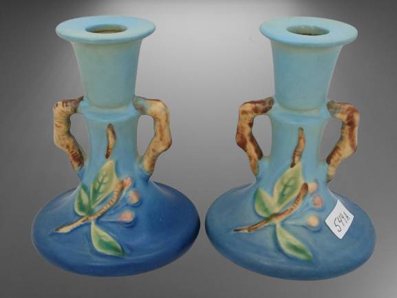 Roseville Apple Blossom 352-4.5" Candle Sticks, Blue