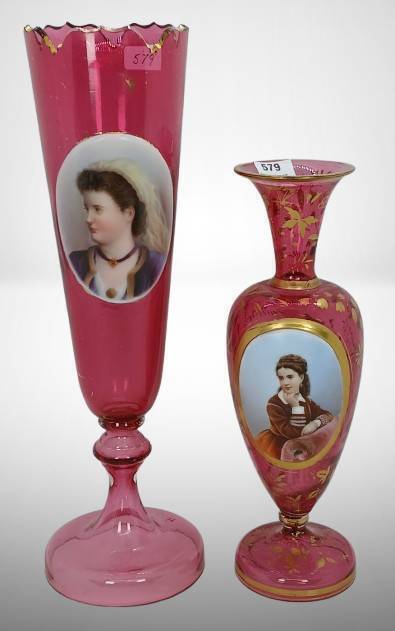 (2) Cranberry Bohemian Portrait Vases
