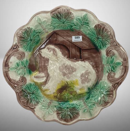 Majolica Plate with Dog and Leaf Decoration