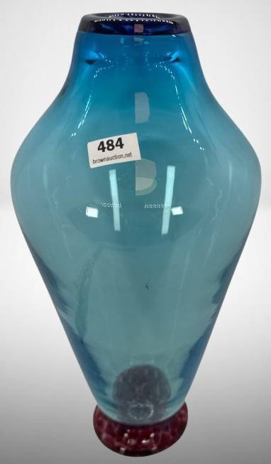 Handblown Blue Glass Vase with Red Base