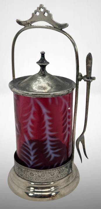 Silver-Plated Pickle Castor with Cranberry Insert
