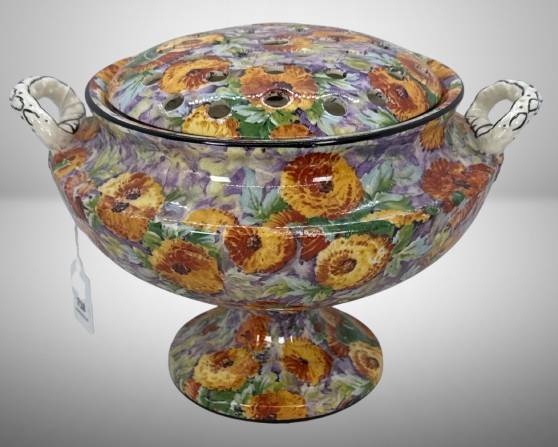 Crown Ducal England Footed Bowl with Flower Frog in Marigold Pattern