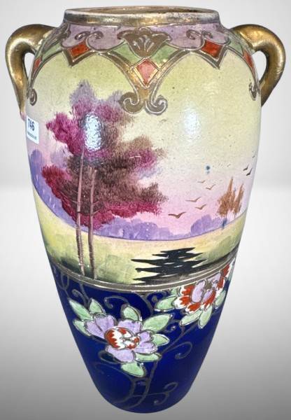 Nippon-style Handled Ceramic Scenic Vase