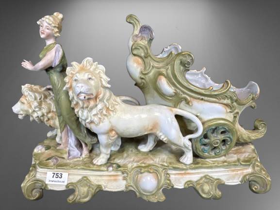 Porcelain Figurine of Woman with Lions and Chariot