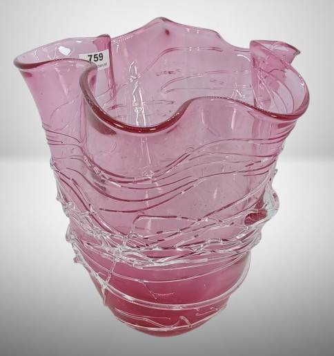 Cranberry Art Glass Vase with Applied Swirls
