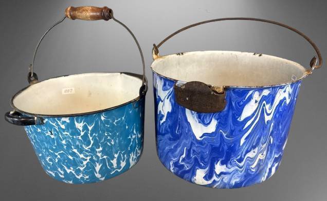 (2) Blue and White Spatterware Enamel Buckets