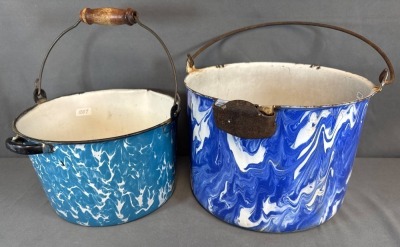 (2) Blue and White Spatterware Enamel Buckets - 2
