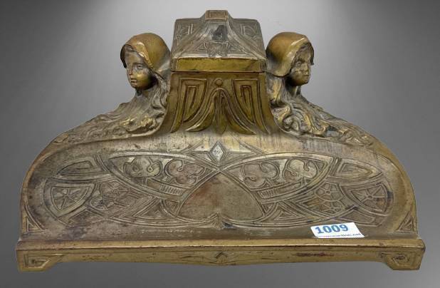 Art Nouveau Bronze Inkwell with Dual Figures