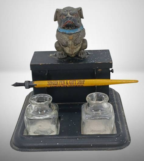 Figural Bulldog Inkwell Set With Accessories