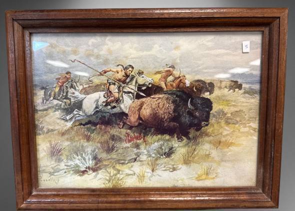 Framed Buffalo Hunt Print, 13" x 9.5"
