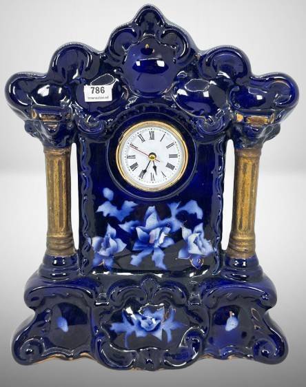 Porcelain Mantel Clock, Cobalt, 13" tall