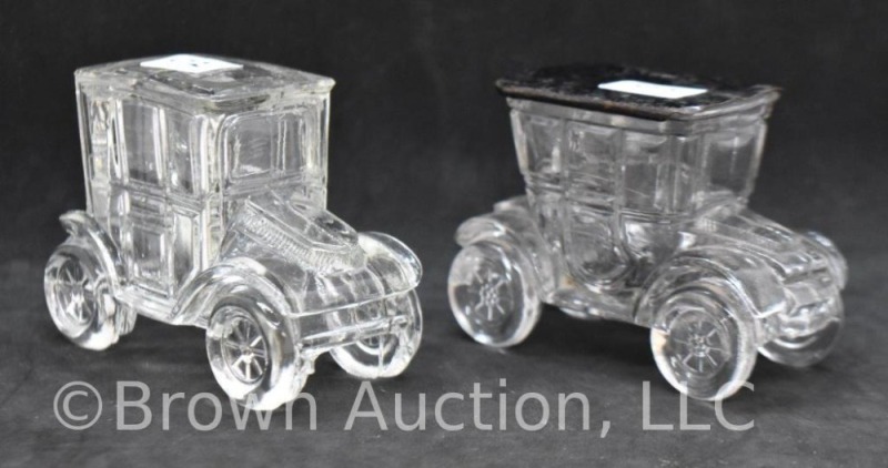 (2) 1913 coupe automobile glass candy containers